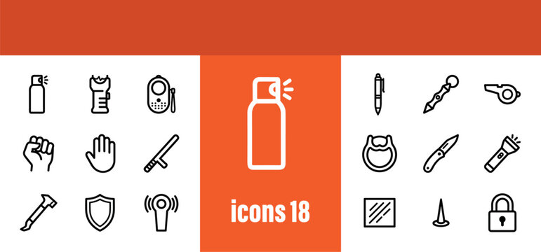 Self-Defense and Personal Protection Outline Icons Set. Pepper spray, taser, knives, and various security tools vector symbols.