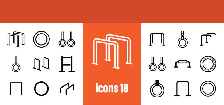 Gymnastic equipment outline icons set. Sport apparatus for fitness, exercise, and training in gym or at home. Vector illustration.
