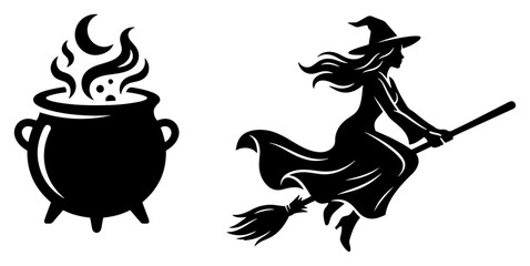Boiling magic cauldron and flying witch silhouette elements for halloween decoration © Kumamoto
