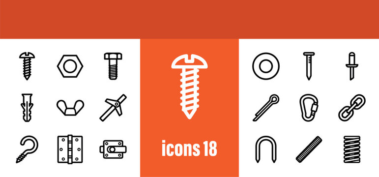Hardware line icons set. Collection of tools and fasteners outline symbols.