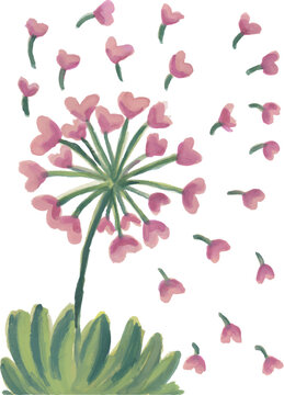 Dandelion with Flying Heart Seeds Hand-Drawn Illustration