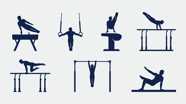 Gymnastics Silhouette Set: Apparatus, Athletes Poses, Sports Concept