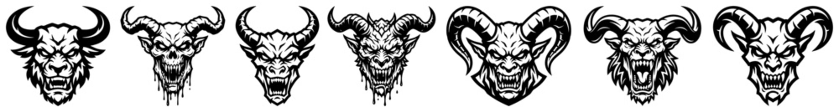 Demonic head collection with horns and aggressive expressions in black and white line art style