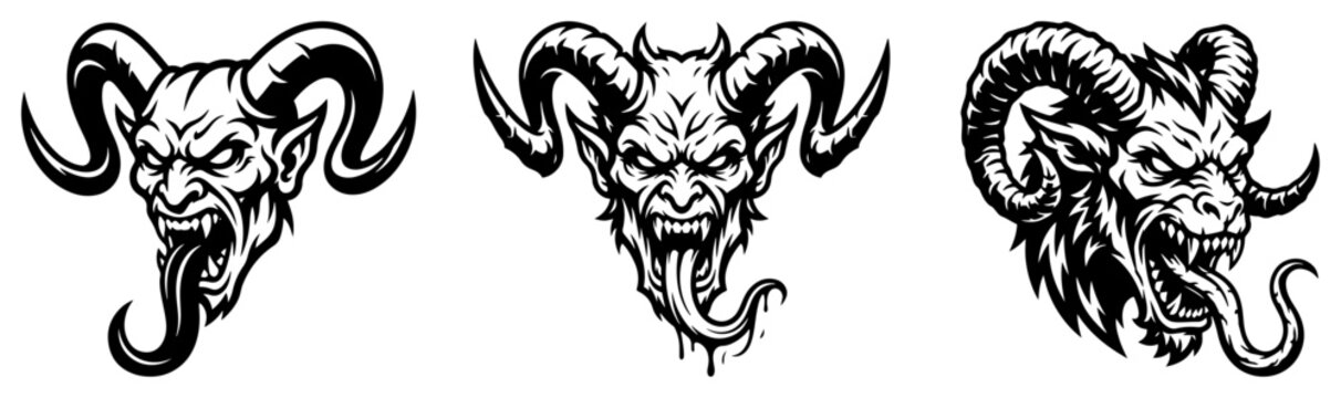Satanic demon heads with long tongues and ram horns in detailed black and white tattoo style
