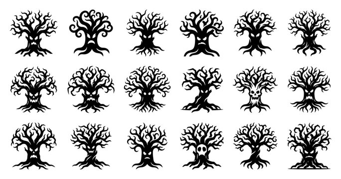 Spooky dead trees with scary faces collection for haunted forest theme in halloween style