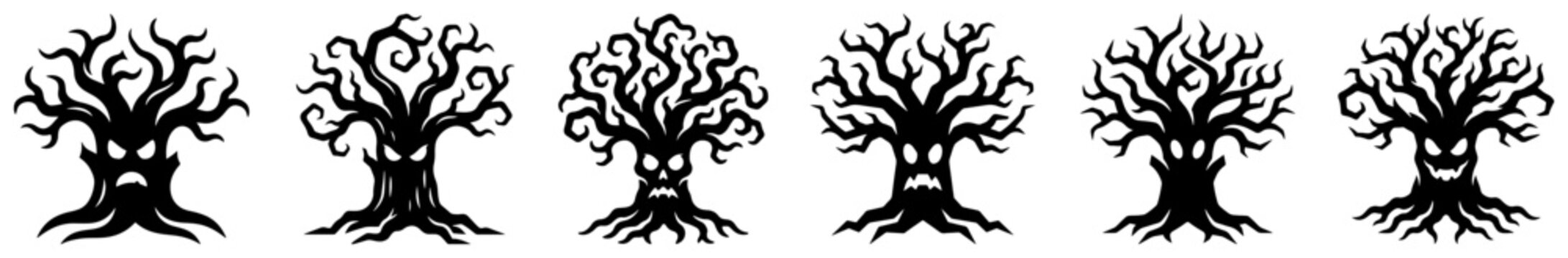 Haunted dead tree characters with creepy expressions row for halloween design in black and white