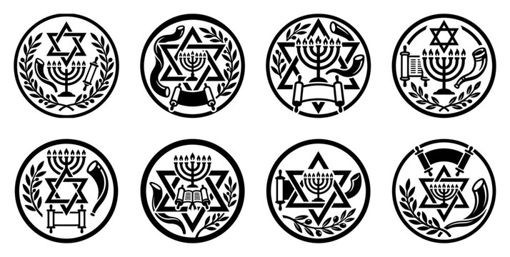 Jewish religious emblem set featuring Star of David and Menorah symbols in circular frames