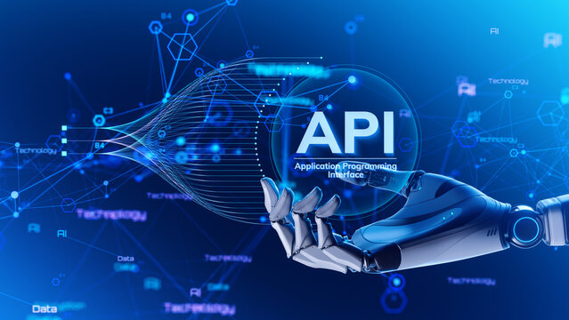 Robot Hand Holding API Hologram - Application Programming Interface and AI Technology Concept