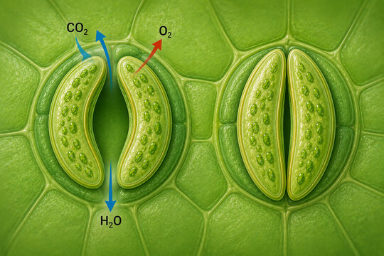 Illustration of leaf stomata showing gas exchange through microscopic pores. Educational botanical diagram explaining carbon dioxide uptake, oxygen release and water vapor transpiration in plant leave