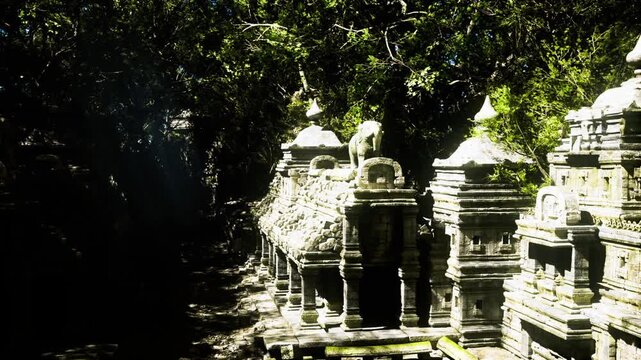 Golden light on ancient shrine row, warm tones accentuate bas relief, long shadows create dramatic perspective, ideal for golden hour travel and cultural