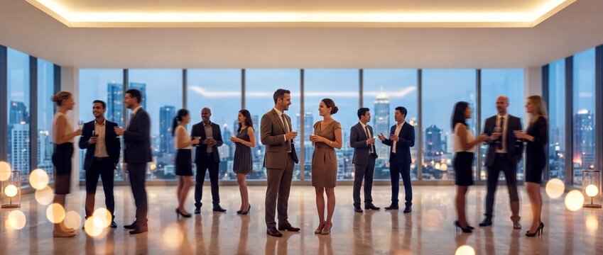 Business people at corporate cocktail party in a luxury penthouse overlooking the city skyline at dusk, wearing elegant formal suits and dresses for a networking event or celebration
