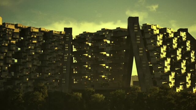 Dusk silhouette of massive concrete block with scattered windows and dark crevices, planner mapping urban edge and shadowed volume, atmosphere of quiet decay
