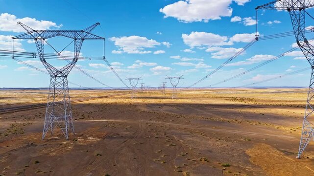 High-voltage transmission towers and power lines stretching across the vast Gobi desert under a blue sky in Gansu, China.