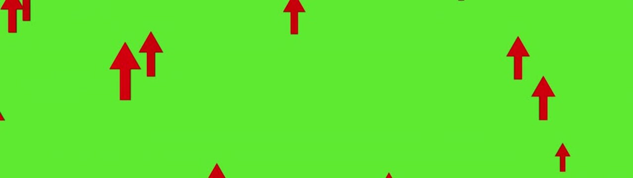 Panoramic wide graphic animation of red arrows rising up on green background screen with black borders showing direction and business growth.