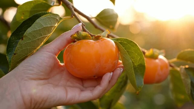 Hand picking ripe persimmon fruit from tree branch in sunny orchard, organic autumn harvest close-up