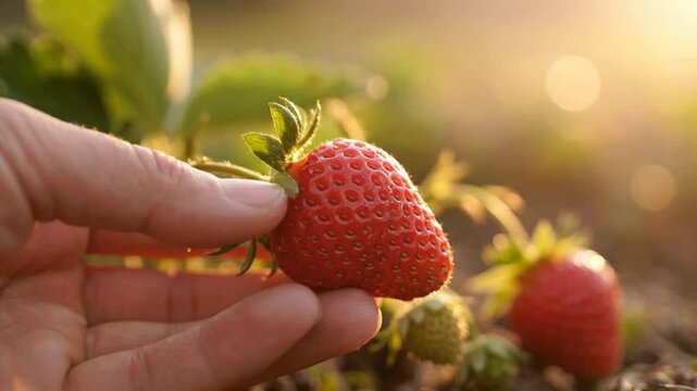 Hand picking fresh ripe strawberries in organic farm field at sunset, close-up macro shot strawberry