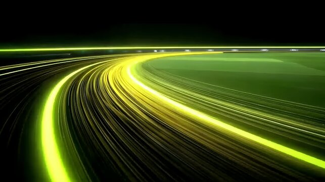 Dynamic glowing yellow light trails on racing track fast speed motion blur effect green field night stadium background