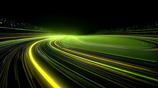 Abstract glowing green neon light trails curving on black background, futuristic dynamic motion lines for sports and tech overlays