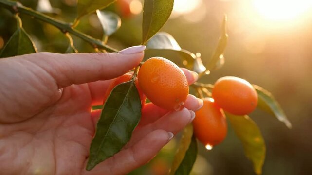 Hand picking fresh ripe kumquats from tree at sunset, organic citrus fruit harvesting close-up
