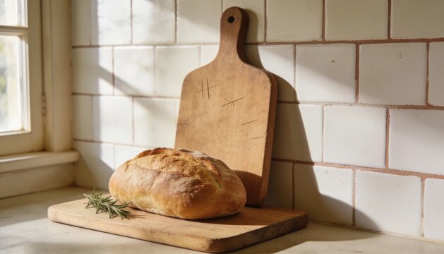 Retro kitchen breadboard holding fresh loaf on tiled counter in bright homely light