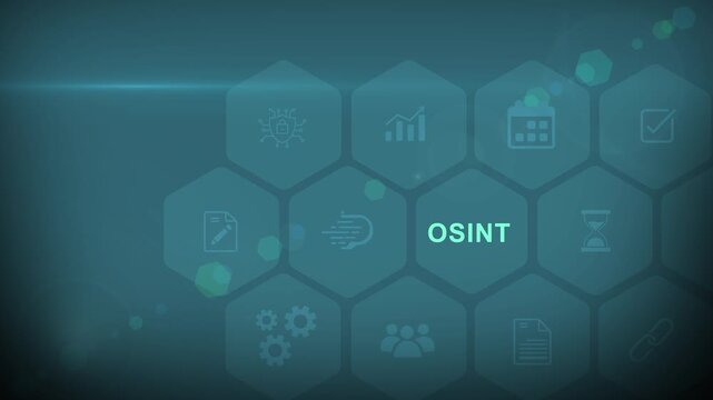 OSINT Open Source Intelligence Hexagonal Infographic with with gears Background OSINT data analysis. digital interface on cyan color background