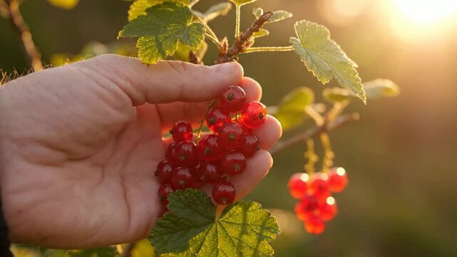 Hand picking fresh red currants in organic garden at sunset, close-up of ripe berries on branch fresh berries