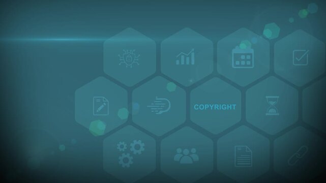 Copyright or patent concept. Author rights and patented intellectual property. copyleft trademark license. digital interface on cyan color background