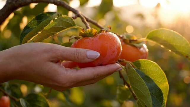 Hand picking fresh ripe persimmon fruit in orchard at sunset, organic farming and healthy harvest concept