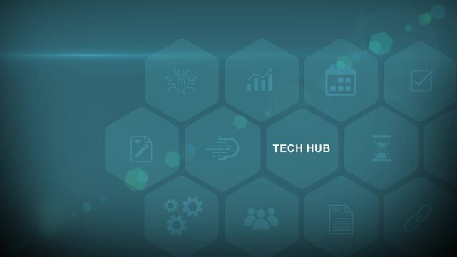 Futuristic tech hub concept featuring a glowing hexagonal data command center interface and business network icons on a dark abstract background.