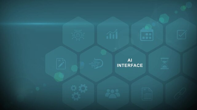 Futuristic AI interface concept showing a glowing hexagonal artificial intelligence user platform and strategic corporate icons over a dark abstract background.