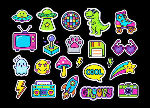 Retro colorful nostalgic neon pop art sticker pack collection