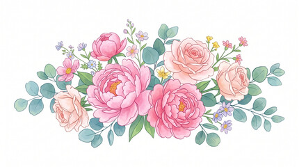 Elegant watercolor floral bouquet with pink peonies, peach roses, and green eucalyptus leaves isolated on a white background © Dian