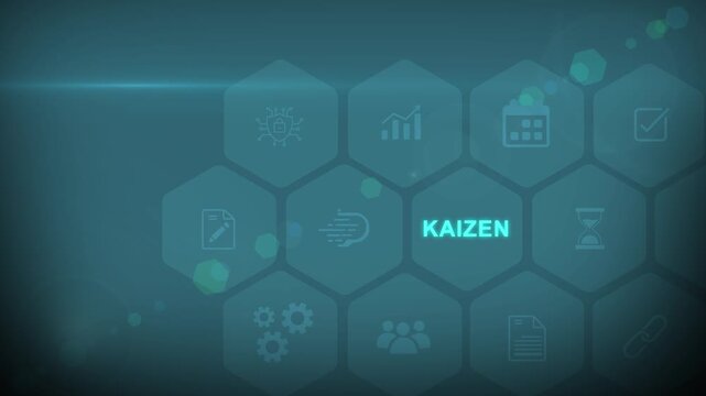 Business professional focusing on technology and innovation Kaizen concepts for continuous improvement and development Quark, digital 3d interface on cyan color background