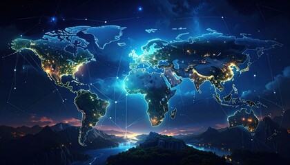 Fototapeta premium Global Network Lights Up World Map at Night, Digital Connection Concept