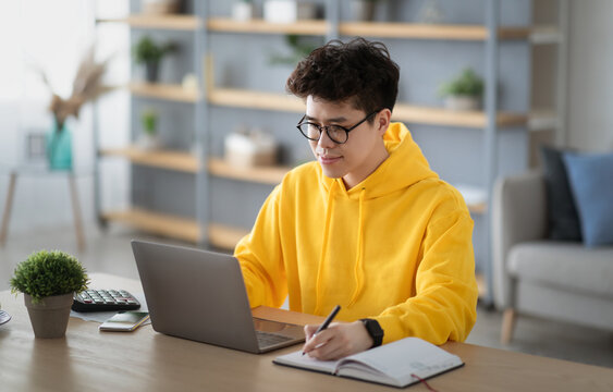 Distance Education Concept. Portrait of smiling Asian man in eyeglasses and yellow hoodie sitting at desk, using pc writing research, taking notes, watching tutorial or webinar studying online at home