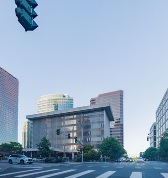 Modern office buildings and intersection in Bellevue, Washington