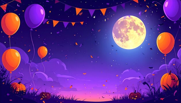 ハロウィンパーティー招待状の背景 満月と風船の夜空
