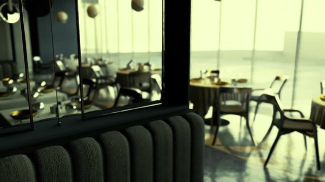 Sunlit bistro corner with booth and mirror reflection, linencovered tables, stacked chairs, soft morning light through large windows, minimalist tableware, calm