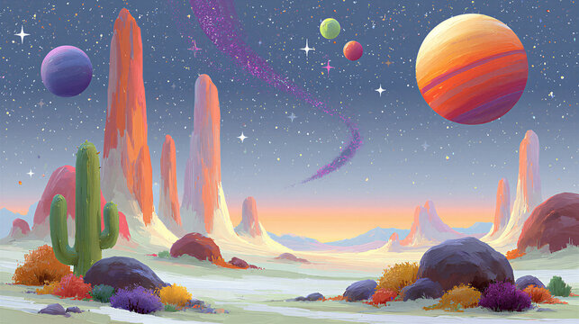 Alien planet landscape with colorful planets and towering rock formations