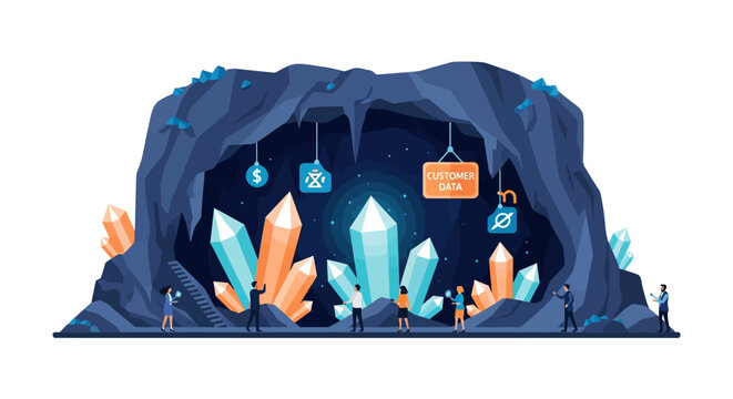 Abstract cave filled with glowing crystals and business icons representing data mining and digital transformation concepts