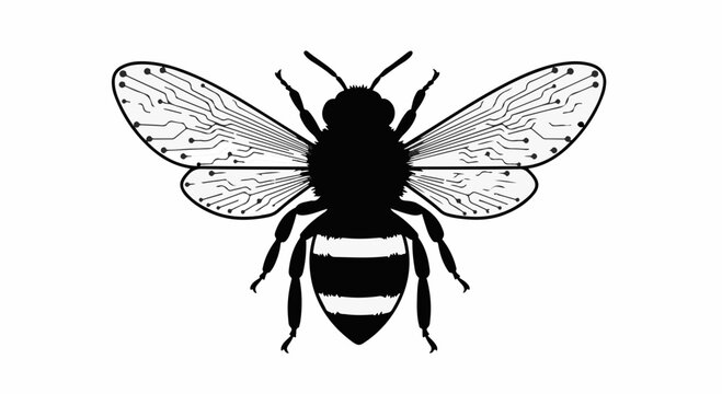 Detailed illustration of a bee with intricate wing patterns against a white background.