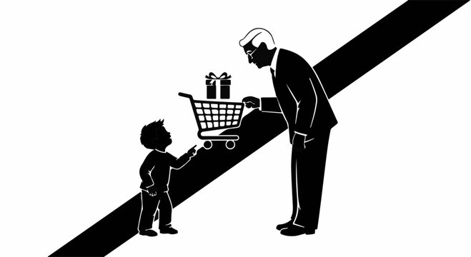 Adult offers child a shopping cart filled with gifts, symbolizing generosity and childhood wonder.