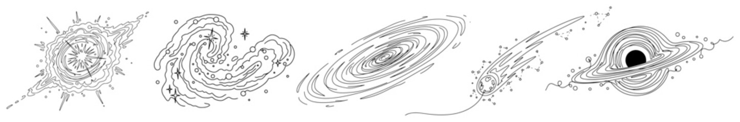 Space elements collection including galaxy black hole and comet in continuous one line art style © Kumamoto