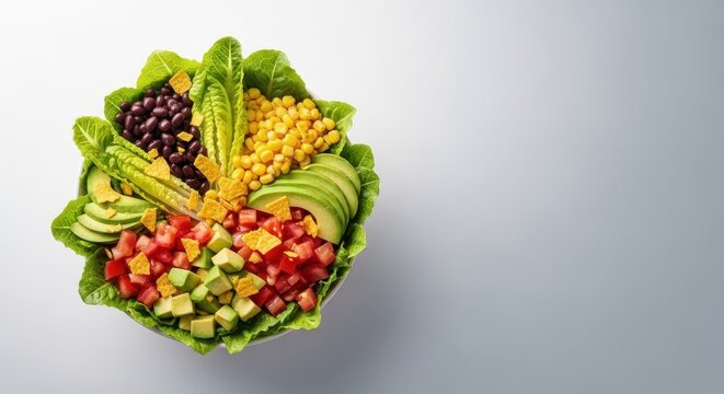 A vibrant and fresh deconstructed tortilla salad bowl featuring crisp romaine, black beans, corn, diced tomato, and creamy avocado, hearty, shell, dressing