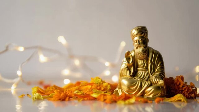 Golden statue of Guru Nanak Dev Ji surrounded by marigold flower petals celebrating Gurpurab festival indoor bokeh lights background