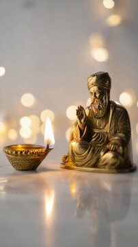 Sikh devotional brass statue with lit oil lamp, soft bokeh lights, gurpurab prayer ritual, langar community kitchen tradition, seva kirtan gurbani recitation, holy procession ambiance, amrit