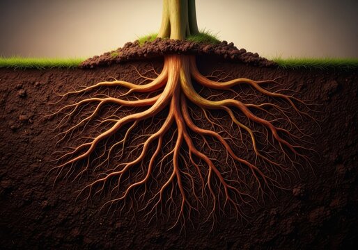 Deep, complex root system gripping fertile soil, symbolizing stability, growth potential, resilience, and a solid foundation for future development, reliable, Grounded, enduring