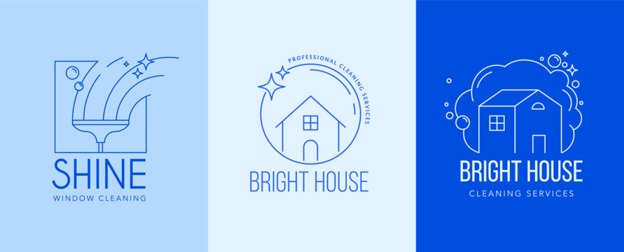 Modern minimal line art logo collection for cleaning businesses and window washing services. Minimalist linear vector icon set featuring houses, water drops, bubbles and squeegee.