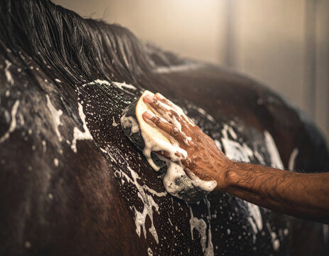 Wet hands of a man wash a horse with a sponge, creating white soapy bubbles against the dark coat surface.