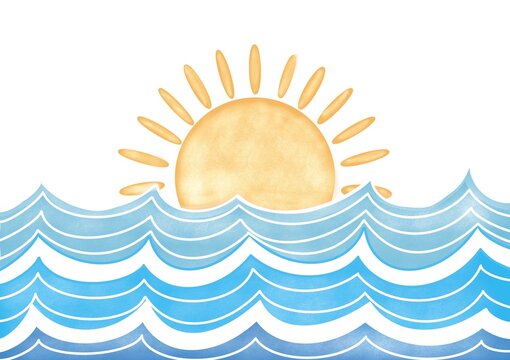 Abstract ocean waves with rising sun background in modern hand painted style